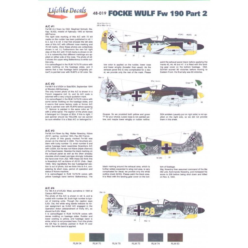 Decalcomania Focke Wulf Fw 190A (4) Yellow 4+1 Oblt Siegfried Schnell 9/JG2 with kill markings yellow rudder under nose and wing