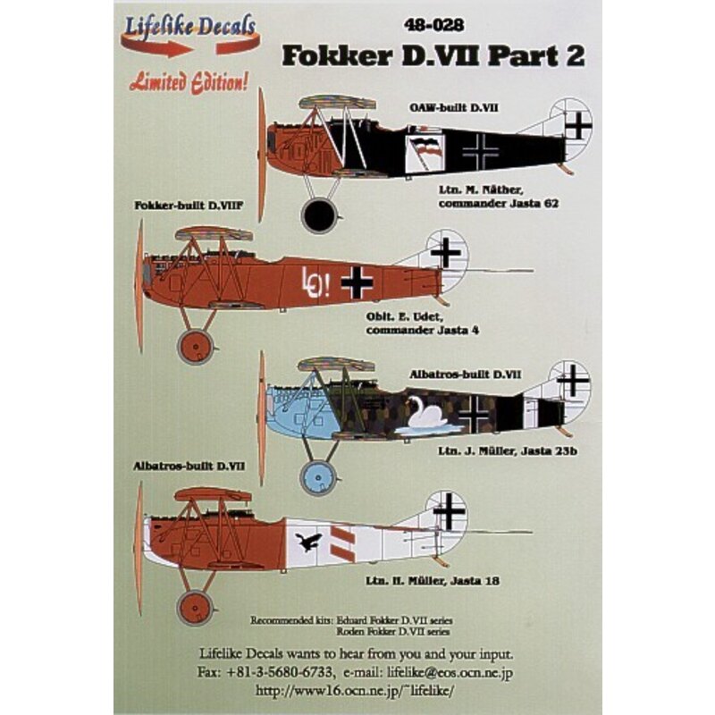 Decalcomania Fokker D.VII Pt 2 (4) Jasta 62 CO Lt.M.Mather black fuselage Jasta 4 CO Oblt E.Udet Jasta 23b Lt J.Muller white swa