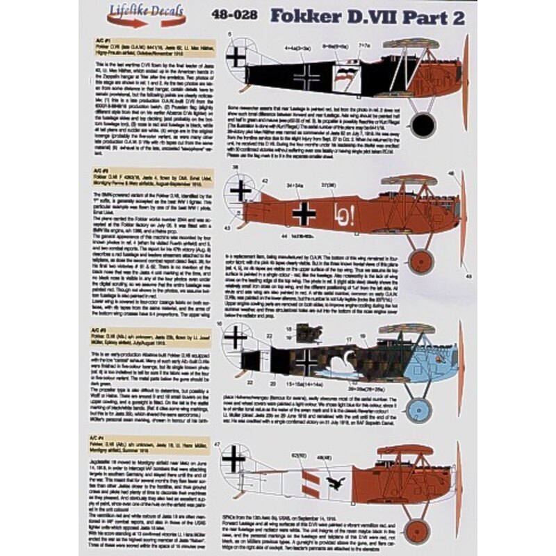 Decalcomania Fokker D.VII Pt 2 (4) Jasta 62 CO Lt.M.Mather black fuselage Jasta 4 CO Oblt E.Udet Jasta 23b Lt J.Muller white swa