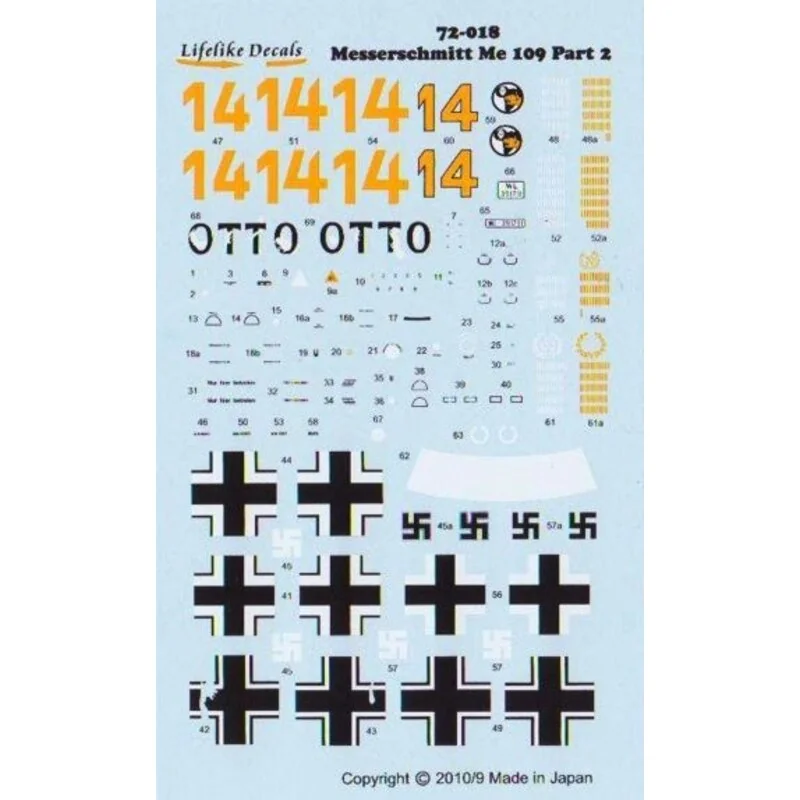 Decalcomania Messerschmitt Bf 109F-4 Tropical. H.J.Marseille special. Includes decals for his Kubelwagen ′Otto′ and 4 ′Yellow 14