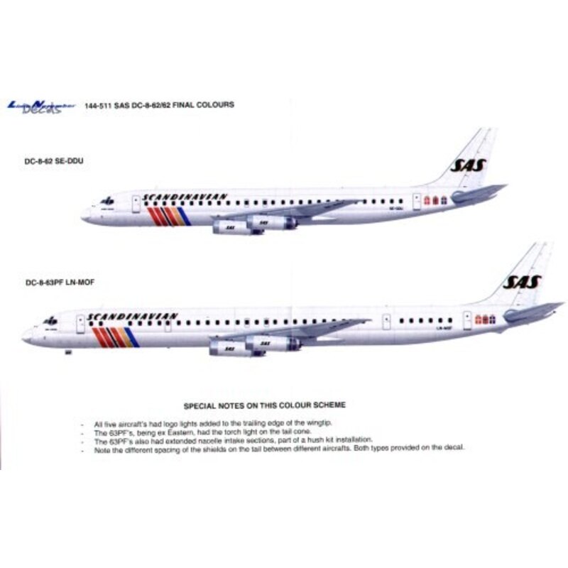 Decalcomania Douglas DC-8-62/63 SAS Final colours. Only 5 painted in this scheme and all registrations are included