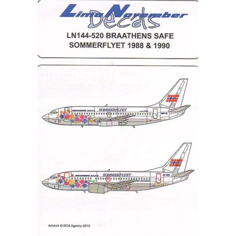 Decalcomania Boeing 737-200 Braathens Safe Sommerflyet scheme N197 JQ 1988 and Boeing 737-700 LN-BRD 1990