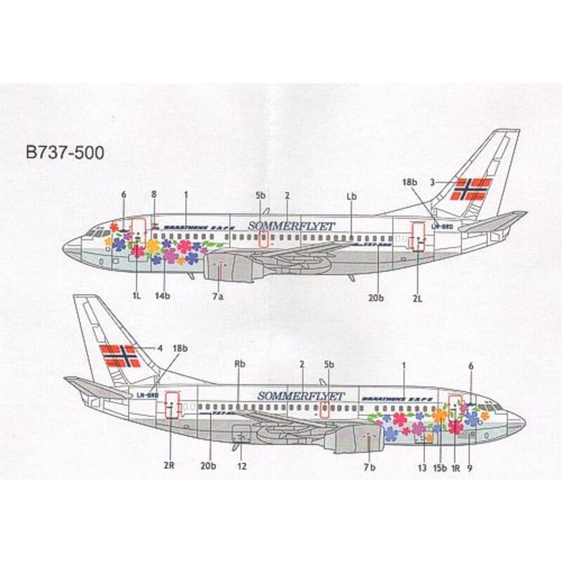 Decalcomania Boeing 737-200 Braathens Safe Sommerflyet scheme N197 JQ 1988 and Boeing 737-700 LN-BRD 1990