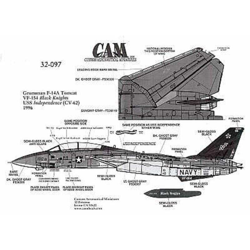 Decalcomania Grumman F-14A (1) 161621 NF/100 VF-154 Black Knights USS Independence 1996 double sheet