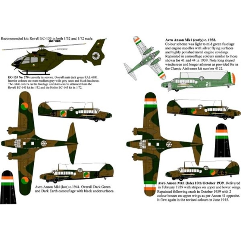 Decalcomania Irish Air Corps Selection (6) Avro Anson Mk.I No 44 with stripes on wings 1939 No 41 Roundel on upper wing stripes 