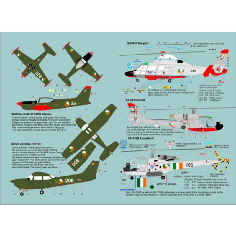 Decalcomania Irish Air Corps 1990-2010 (7) SIAI Marchetti SF 260W Warrior No 226 Reims Cessna FR 172H No.206 SA365F Dauphin No 2