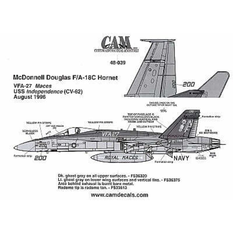 Decalcomania McDonnell Douglas F/A-18 Hornet (1) CAG A/C 164006 VFA-27 Royal Maces CVW 5 USS Independance