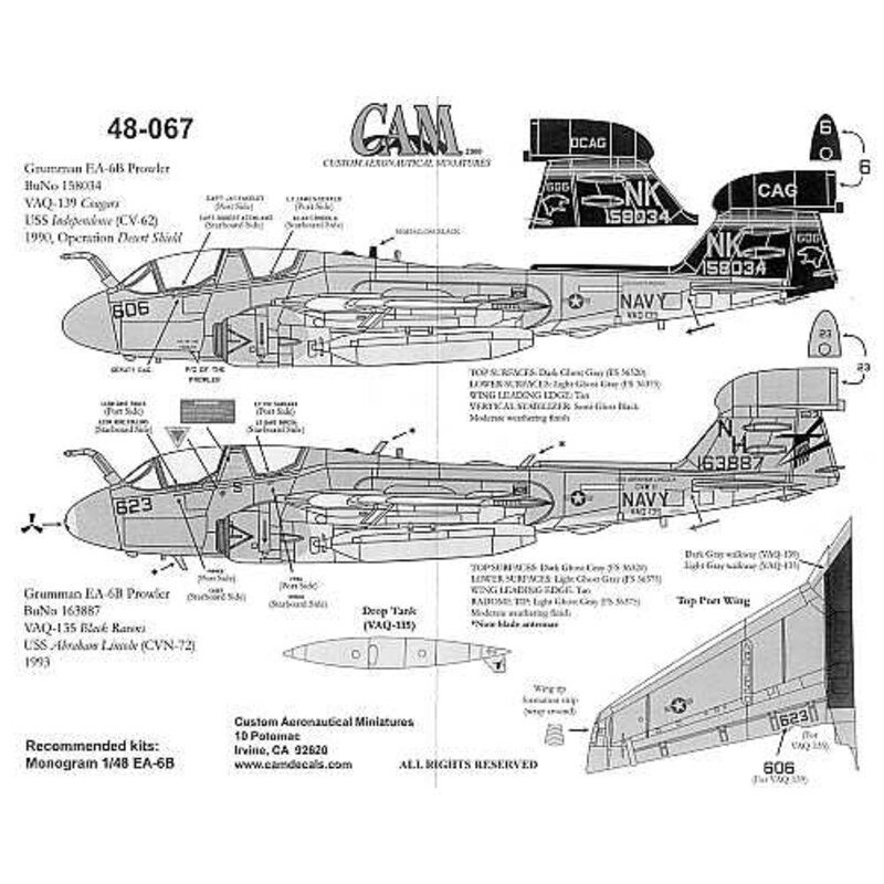 Decalcomania Grumman EA-6B Prowlers (2) 158034 VAQ-139 Cougars (CAG) USS Independence Desert Shield 1990 163887 VAQ-135 Black ra