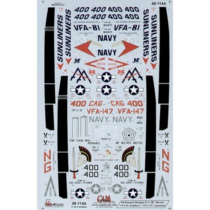 Decalcomania McDonnell Douglas F/A-18C (2) 163708 NG/400 VFA-147 Argonauts CAG USS John.C.Stennis 2002 163471 AA/400 VFA-81 Sunl