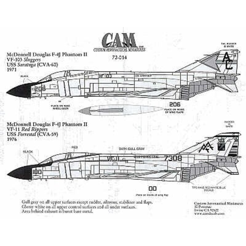 Decalcomania F-4J Phantom (2) 157299 AC/206 VF-103 Sluggers USS Saratoga 1971 157308 AA/100 VF-11 CAG USS Forrestal 1976