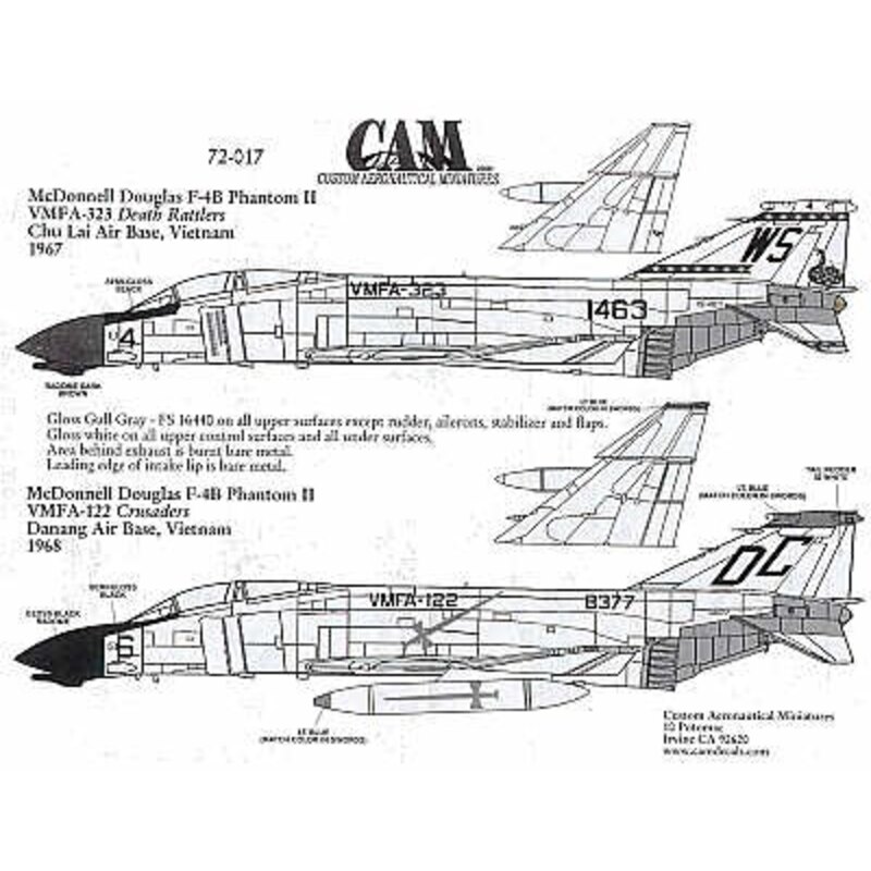 Decalcomania F-4B Phantom (2) 151463 WS/4 VMFA-323 Death Rattlers Vietnam 1967 158377 Douglas DC/6 VMFA-122 Crusaders Da Nang 19