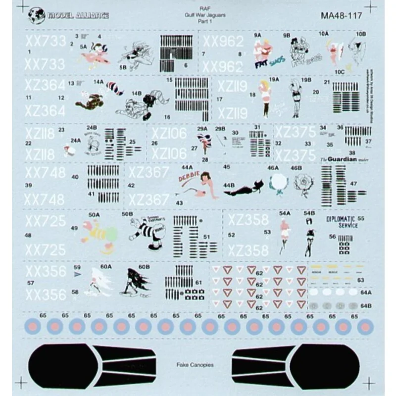 Decalcomania Sepecat Jaguar GR.1 Desert Storm (12) XX733 ′Baggers′ XZ364 ′Badman′ XZ108 ′Rule Brittania′ XZ375 ′The Guardian Rea