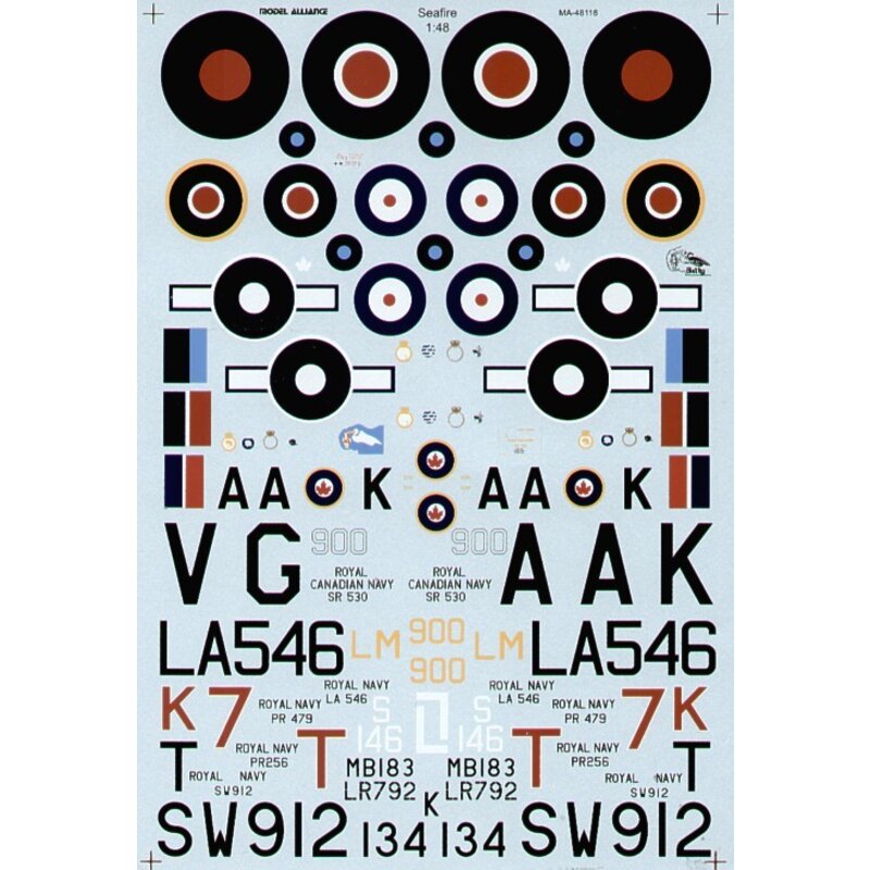 Decalcomania On Target Seafires (7) Mk.IIc MB138 7-T 880NAS HMS Argus LR792/K 834NAS HMS Battler East Indies Fleet Mk.III PR256 