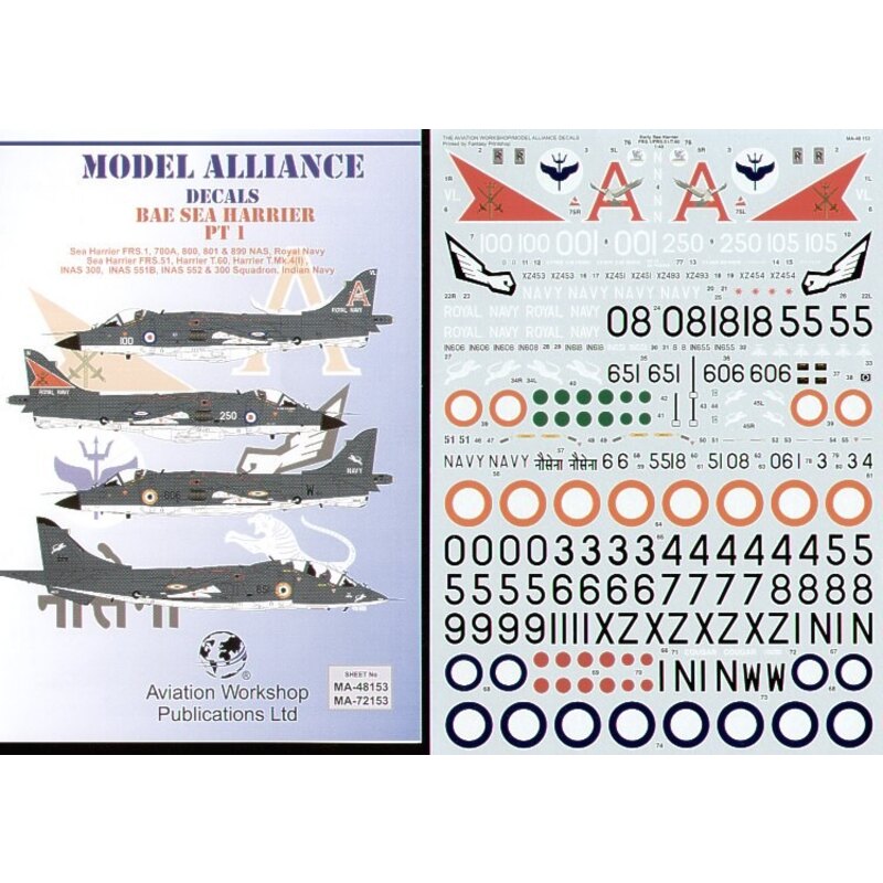 Decalcomania BAe Sea Harrier FRS.1 (9) XZ451/100 700A Flight 1976 XZ454/250800NAS 1980 xz483/001 801 NAS 1980 XZ453/105 899 NAS 