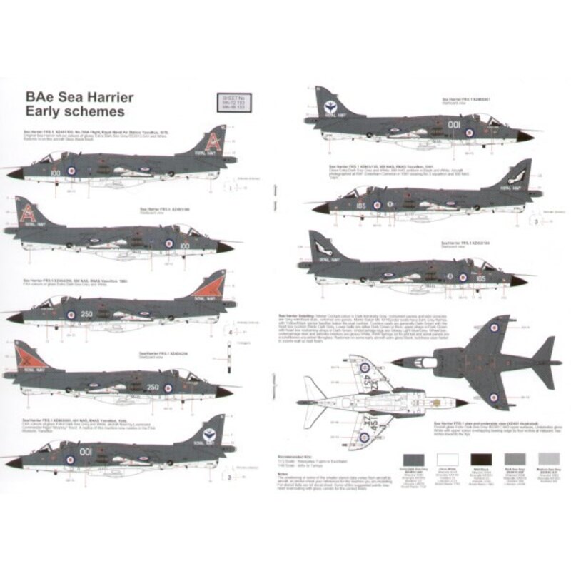 Decalcomania BAe Sea Harrier FRS.1 (9) XZ451/100 700A Flight 1976 XZ454/250800NAS 1980 xz483/001 801 NAS 1980 XZ453/105 899 NAS 