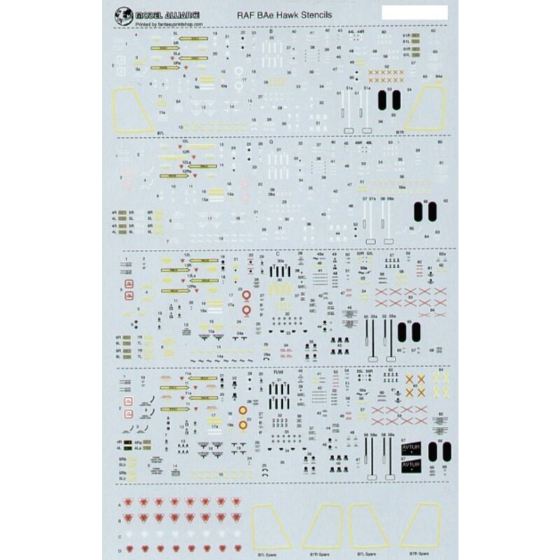 Decalcomania BAe Hawk Stencils. Four sets for use on red/white green/grey camo overall grey and overall black aircraft