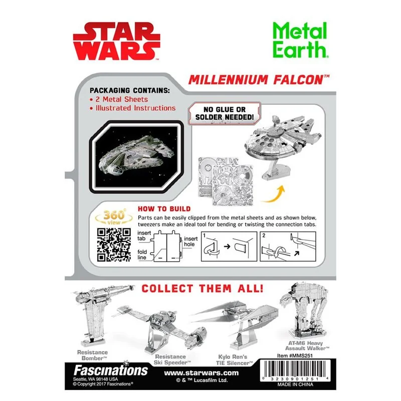 MetalEarth: STAR WARS MILLENNIUM FALCON 7.13x5.55x4.56cm, modello in metallo 3D con 2 fogli, su carta 12x17cm, 14+