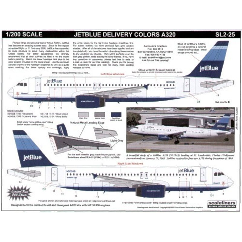 Decalcomania Airbus A320 JET BLUE with three tone blue fin. N503JB/508/517/524