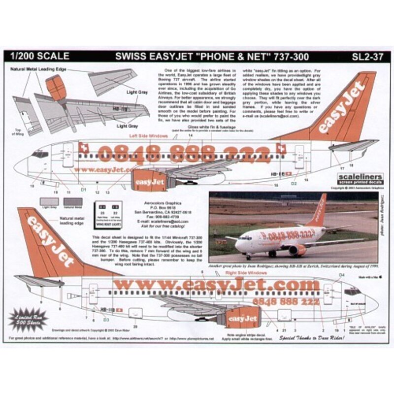 Decalcomania Boeing 737-300 EasyJet HB-IIB Web site and Swiss Phone Number combo