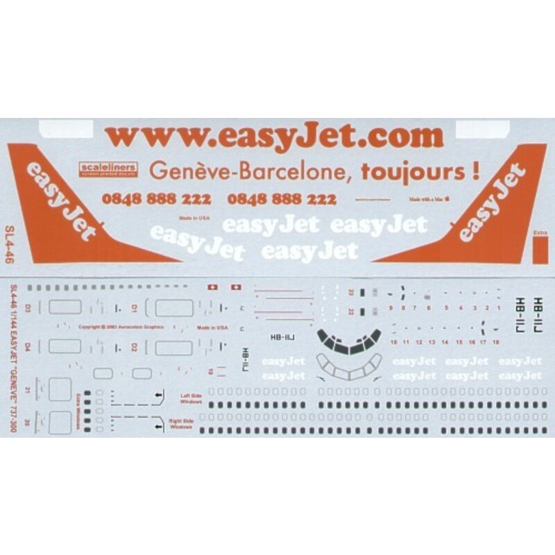 Decalcomania Boeing 737-300 EasyJet HB-ILJ Web site and Geneve-Barcelone tourjours! combo