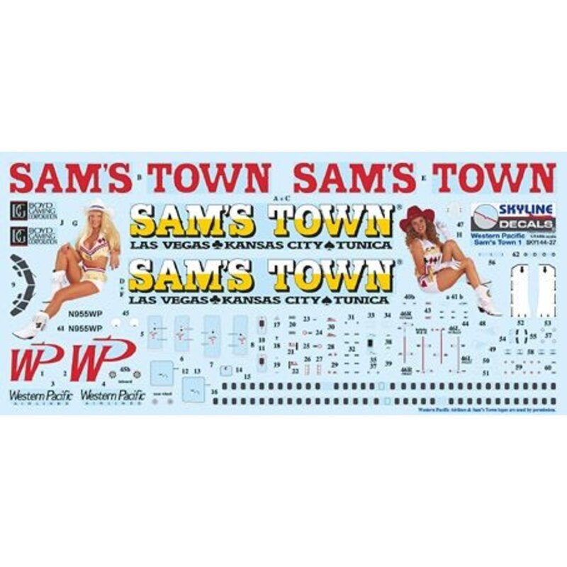 Decalcomania Boeing 737-300 WP Western Pacific N955WP Sam′s Town 1 includes photo etch parts. Designed to fit Skyline kit SKY440