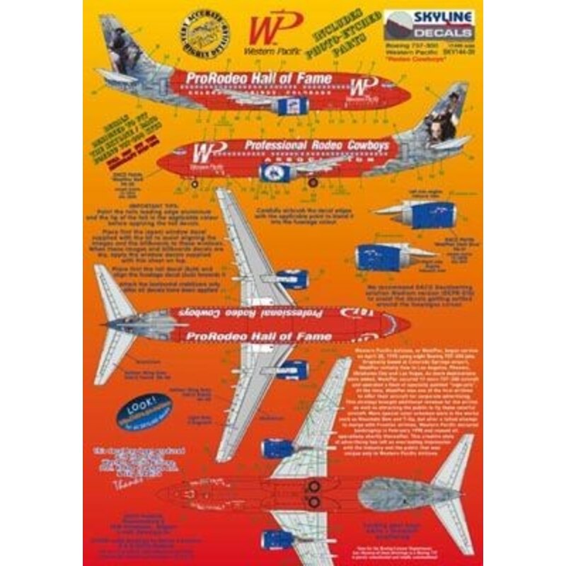 Decalcomania Boeing 737-300 WP Western Pacific N375TA ProRodeo Hall of Fame/Professional Rodeo Cowboys includes photo etch parts