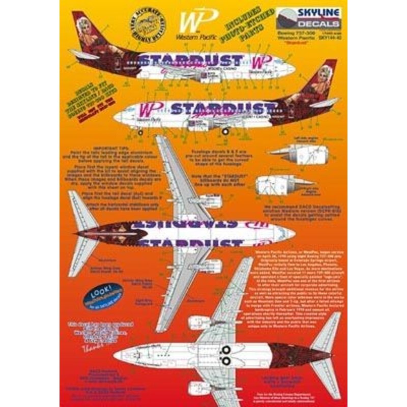 Decalcomania Boeing 737-300 WP Western Pacific N950WP Stardust Las Vegas includes photo etch parts. Designed to fit Skyline kit 