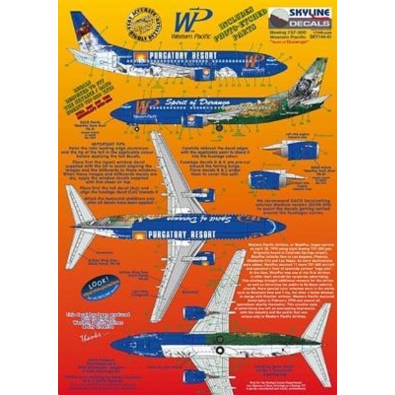 Decalcomania Boeing 737-300 WP Western Pacific N946WP Spirit of Durango/Purgatory Resort includes photo etch parts. Designed to 