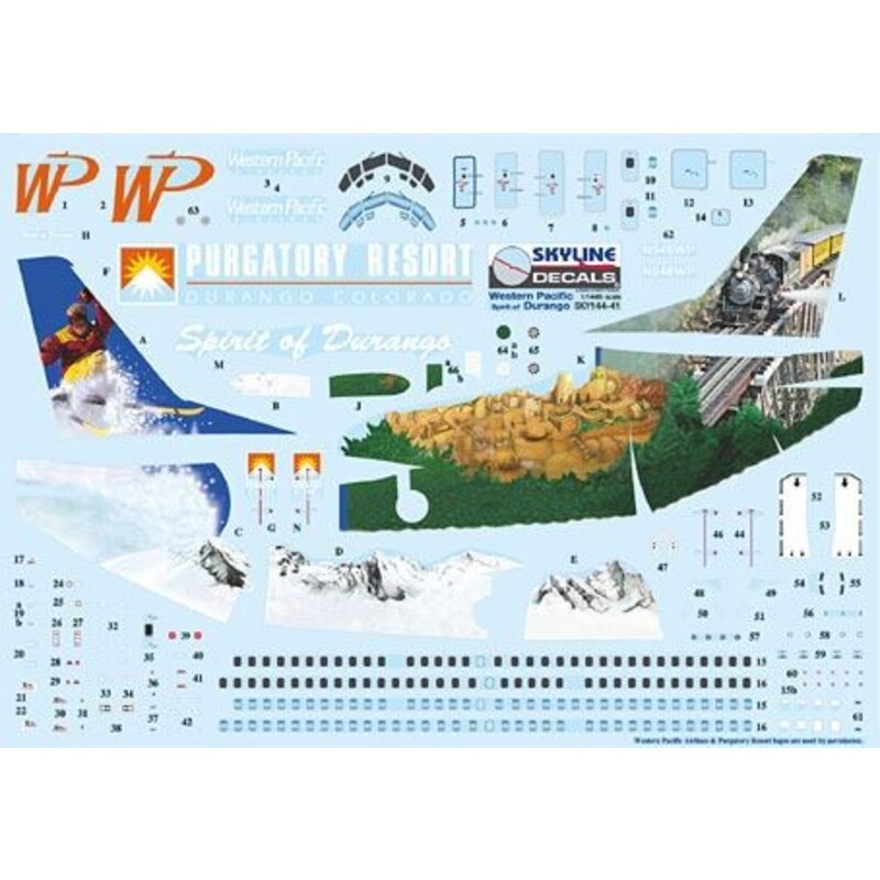 Decalcomania Boeing 737-300 WP Western Pacific N946WP Spirit of Durango/Purgatory Resort includes photo etch parts. Designed to 