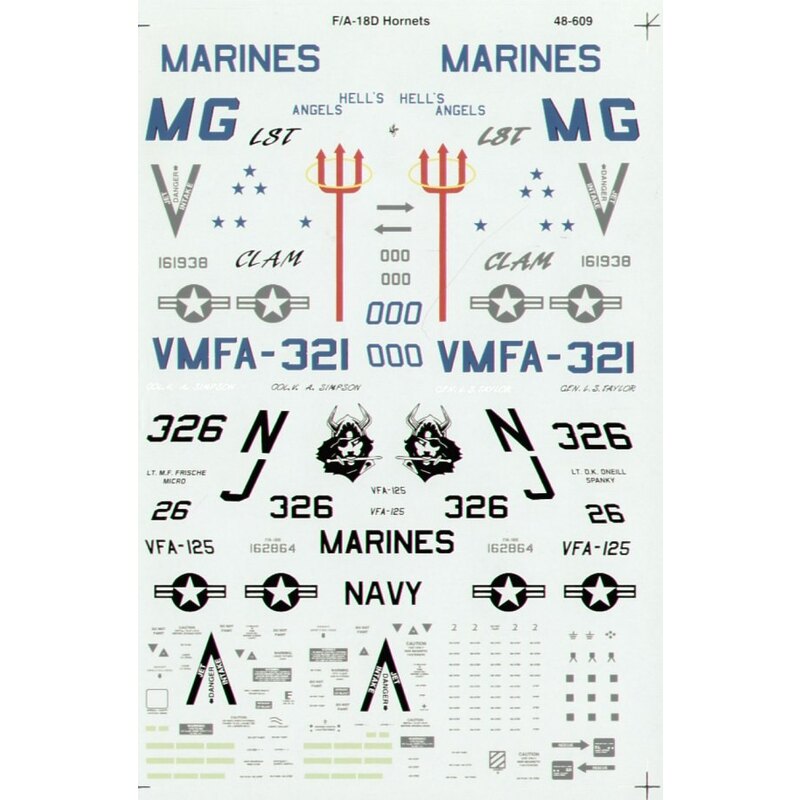 Decalcomania McDonnell Douglas F/A-18D Hornet (2) 161938 MG/00 VMFA-321 Hell′s Angels 162864 NJ/326 VFA-125 Vikings Training Squ