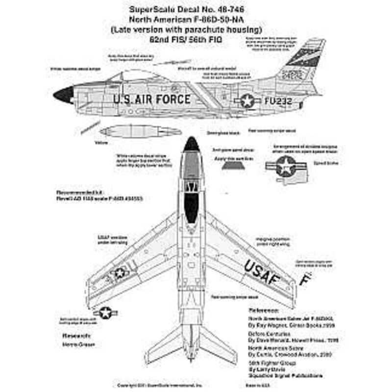 Decalcomania North American F-86D (1) 24232 FU-232 62nd FIS/ 56 FIG red/yellow/white fuselage band