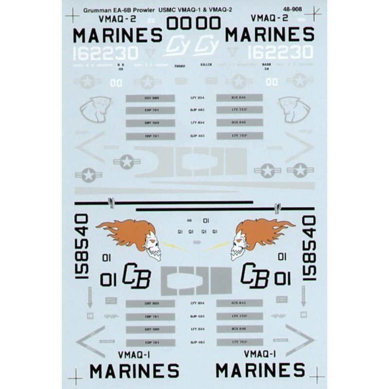 Decalcomania Grumman EA-6B Prowlers (2) 158540 CB/01 VMAQ-1 Banshees 162230 CY-00 VMAQ-2 Panthers black fin. Both low viz greys 