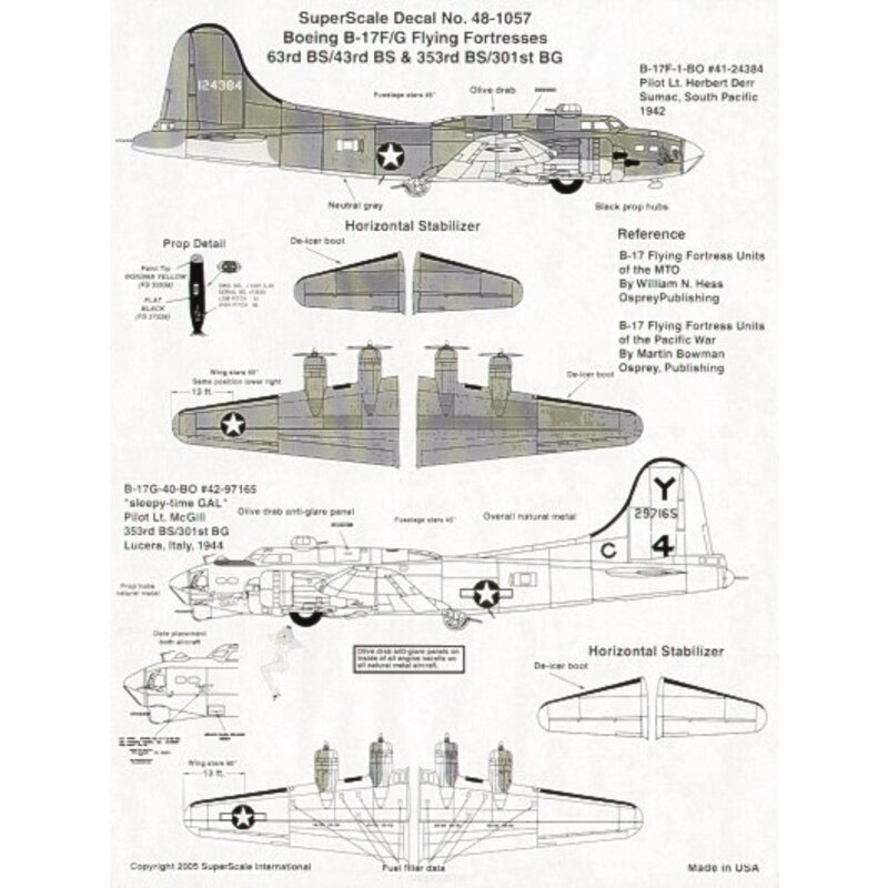 Decalcomania Boeing B-17F/Boeing B-17G Flying Fortress (2) F 41-24384 63 BS/43 BS Sth Pacific G 42-97165 353 BS/301 BG `Sleepy-T