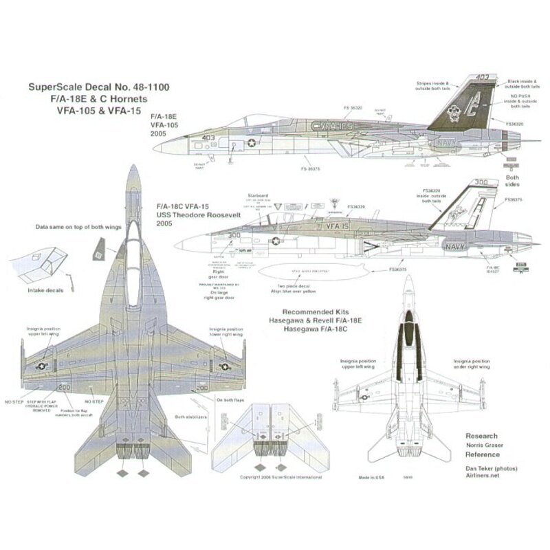 Decalcomania McDonnell Douglas F/A-18C/E Hornets (2) C 164627 AJ/300 VFA-15 Valions CAG USS Theodore Roosevelt 166650AC/403 VFA-