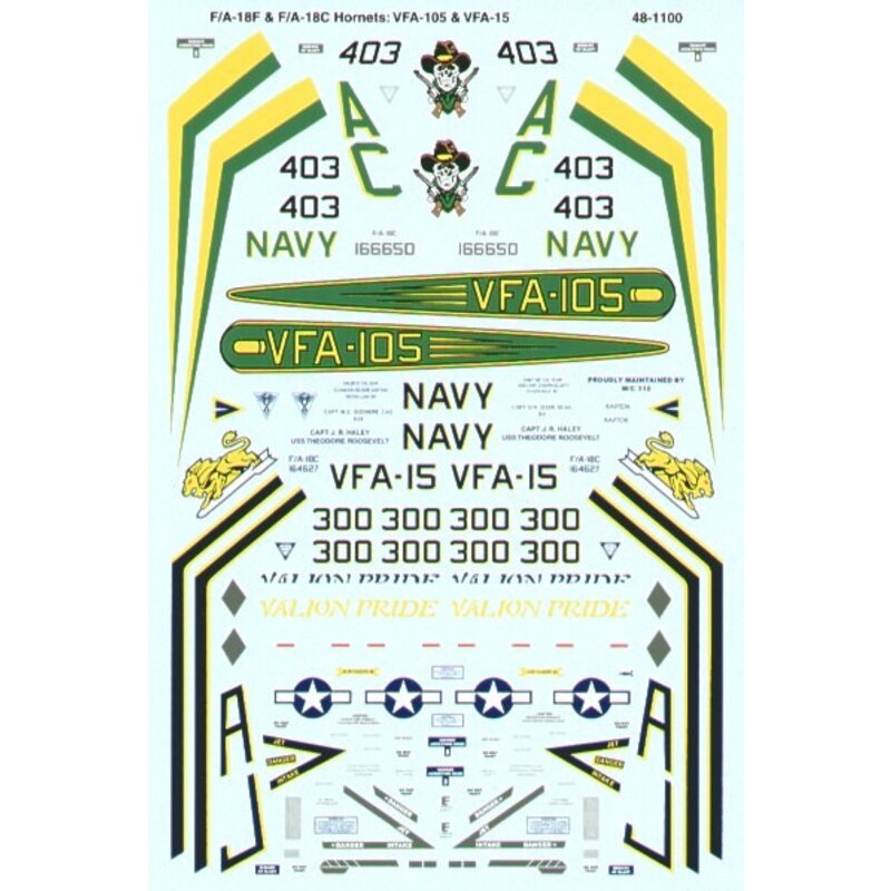 Decalcomania McDonnell Douglas F/A-18C/E Hornets (2) C 164627 AJ/300 VFA-15 Valions CAG USS Theodore Roosevelt 166650AC/403 VFA-