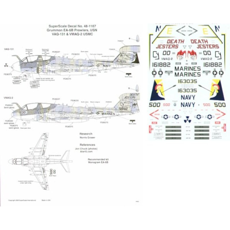 Decalcomania Grumman EA-6B Prowler (2) 163035 NE/500 VAQ-131 USS Abraham Lincoln coloured markings 161882 CY/00 VMAQ-2 Death Jes