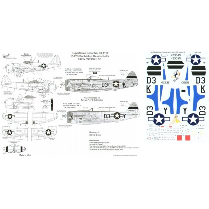 Decalcomania Republic P-47D Thunderbolt Bubbletop Thunderbolts 397FS/368FG 9th Air Force (2) 44-33136 D3-K 1st Lt C.Price `The J