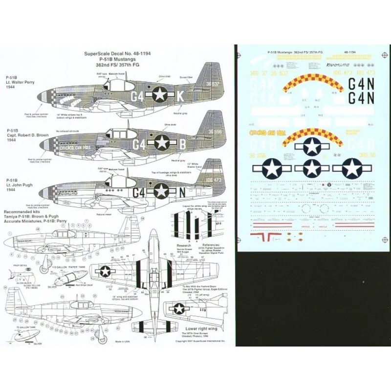 Decalcomania North American P-51B Mustangs 362 FS/357 FG 1944 (3) 43-6637 G4-K Lt Walter Perry `Quick Check′ 106473 G4-N Lt J.Pu