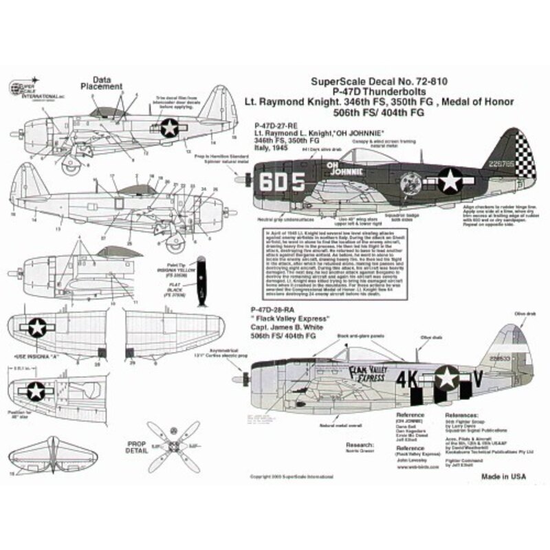 Decalcomania Republic P-47D Thunderbolt bubbletops (2) 226785/6D5 346FS/350FG Oh Johnnie Lt Raymond Knight Italy 1945 OD/grey bl