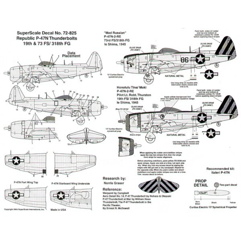 Decalcomania Republic P-47N Thunderbolt (2) No 86 73FS ′Mad Russian′ 19FS ′Honolulu Tina/Moki′ Lt Robt Thurston. Both 318FG yell