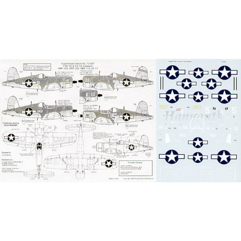 Decalcomania Vought F4U-1A/FG-1A Corsairs (4) No 51 VMF-113 `Get em Blue Dog′ Marshall Isl 1944 No 143 VMF-122 `Blue Baron′ Pele