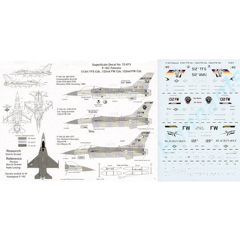 Decalcomania Lockheed Martin F-16C (3) 85-0412 512 TFS/AMU 86 TFW Flagship Ramstein 1985 black.yellow/red bands on fin with drag