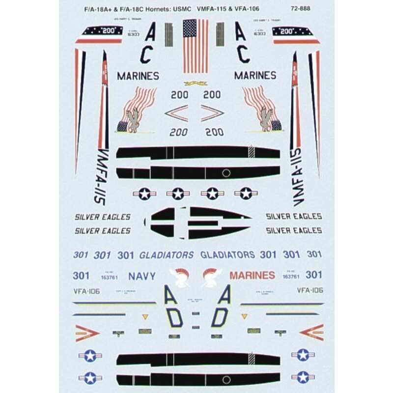 Decalcomania McDonnell Douglas F/A-18A Hornet McDonnell Douglas F/A-18C Hornets (2) A 163133 AC/200 VMFA-115 Silver Eagles CAG U