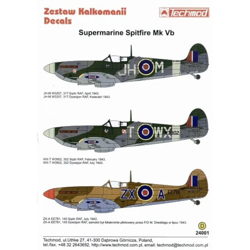 Decalcomania Supermarine Spitfire Mk.Vb (3) W3207 JH-M 317 Polish Squadron 1943 W3902 WX-T 302 Polish Squadron 1943 both Dark Gr