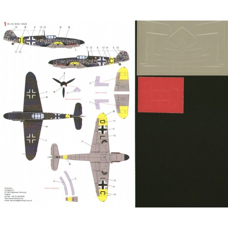 Decalcomania Messerschmitt Bf 109G-2 in Finnish service (3) DL+IC in delivery scheme and two versions as Yellow 2 MT-222 with 1/