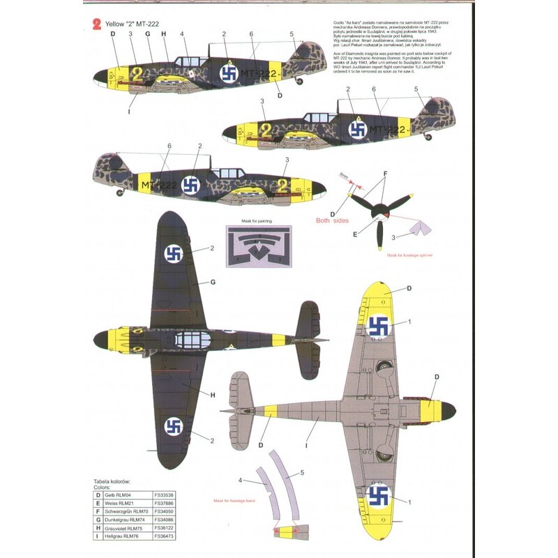 Decalcomania Messerschmitt Bf 109G-2 in Finnish service (3) DL+IC in delivery scheme and two versions as Yellow 2 MT-222 with 1/