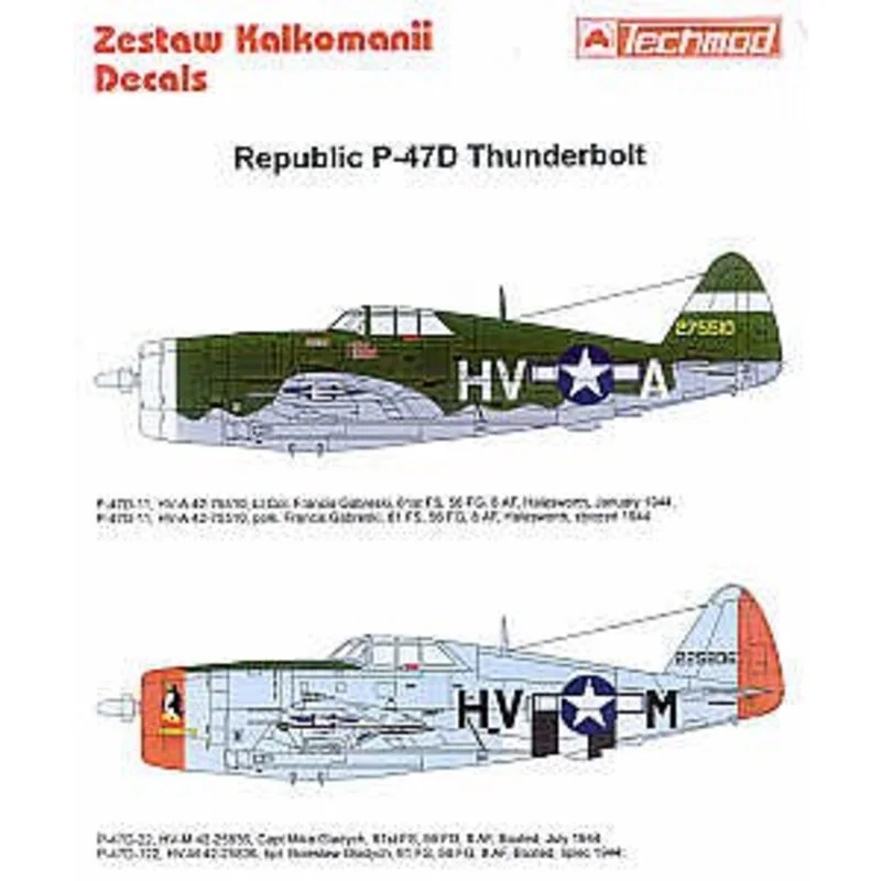 Decalcomania Republic P-47D Thunderbolt Razorback (2) 275510 HV-A 61FS Lt.Col. F. Gabreski Halesworth. camouflage schemes 225836