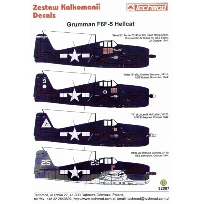 Decalcomania Grumman F6F-3 Hellcat (4) White 25 VF-19 Bruce Williams USS Lexington 3 tone camouflage Minzi III Cdr David McCampb