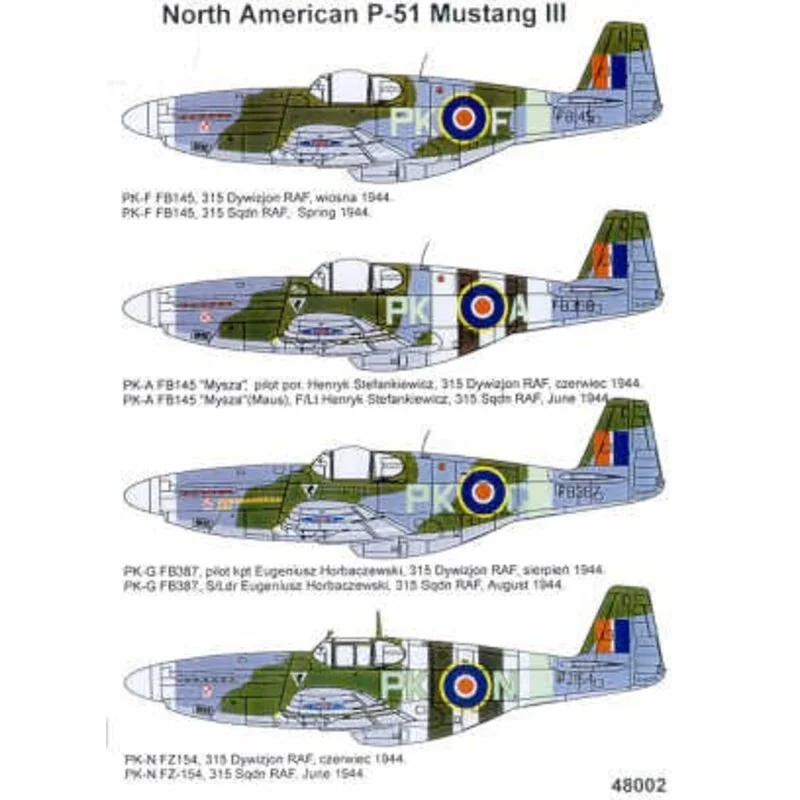 Decalcomania North American P-51B Mustang III (4) 315 Polish Squadron 1944. FB398 PK-A FZ154 PK-N both with D-Day stripes FB145 