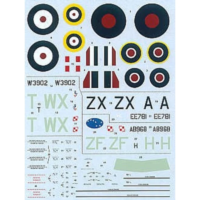 Decalcomania Supermarine Spitfire Mk.Vb (3) EE781 ZX-A 145 Squadron North Africa AB968 ZF-H 308 Squadron W3902 WX-T 302 Squadron